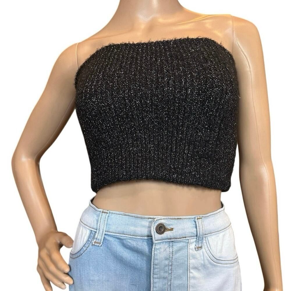 Anthropologie Metallic Black Knit Stretch Tube Top Women’s Size XS/Small Festive